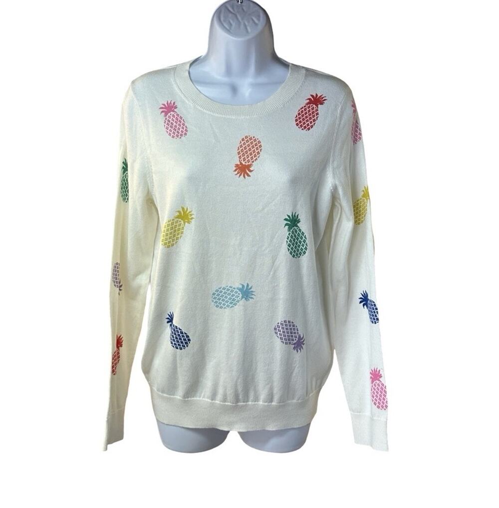 Boden Rainbow Pineapple Crewneck Sweater White Cotton Knit Pullover Preppy Sz M